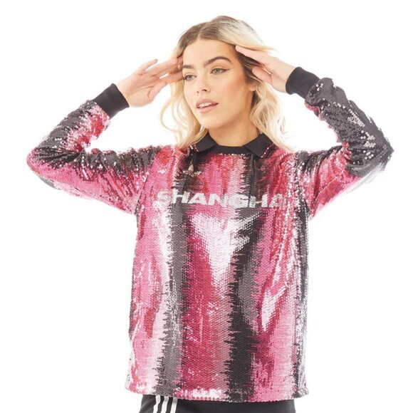 adidas Tops - adidas Originals Womens Sequin Football Jersey Multi Coloured/​Light Pink Colour